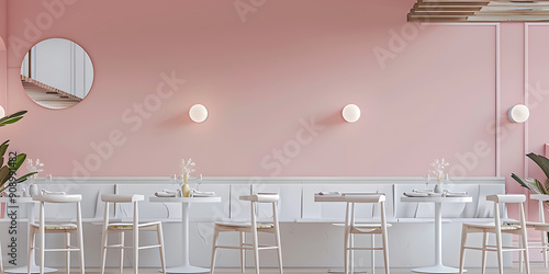 Minimalist pink and white cafe interior design with a modern and elegant feel for a stylish and inviting atmosphere. 