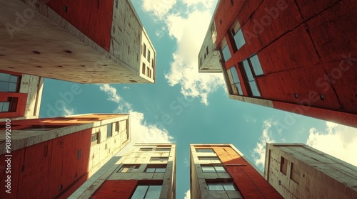 A view of a city skyline with four tall buildings and a clear blue sky photo