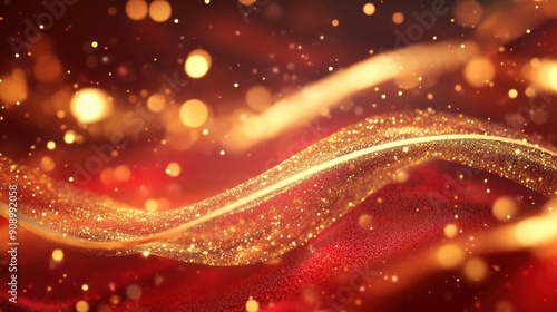 Luxury red color background with golden line elements and curve light effect decoration and bokeh. beautiful holiday banner