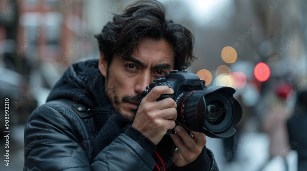 Close up of a male photographer in a black focused on capturing Close up of a male photographer in a black focused on capturing