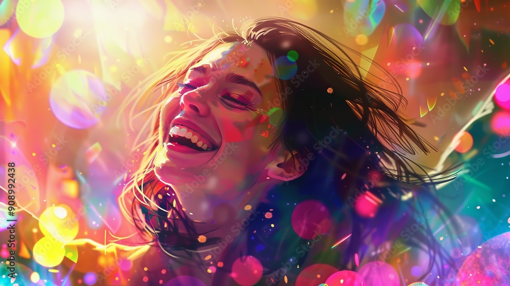 Fototapeta premium An abstract image of a woman with flowing hair bathed in vibrant, colorful light, creating a dreamy and ethereal atmosphere with multiple bokeh effects and light streaks.