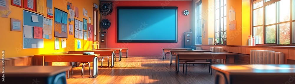 Empty Classroom with Desks and a Projector Screen Empty Classroom with Desks and a Projector Screen