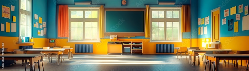 Bright and Colorful Classroom with Desks and Windows Bright and Colorful Classroom with Desks and Windows