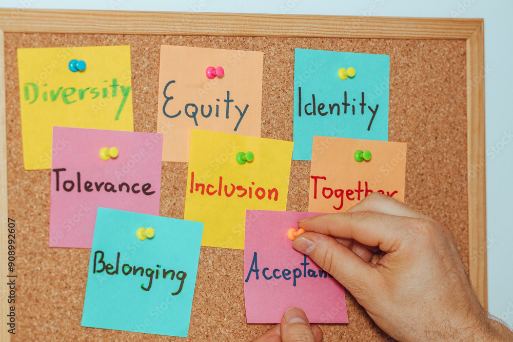 A colorful set of DEI sticky notes attached to a board. Support diversity equity inclusion. Together in tolerance and acceptance, Belonging and one's own identity. Minority rights are the human rights