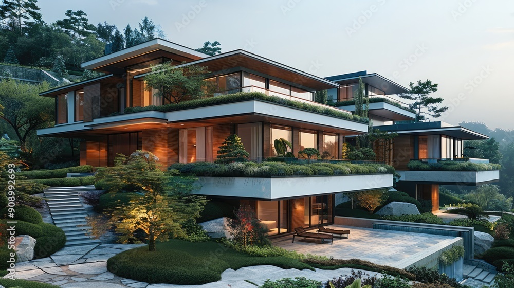 Steep hills, hillside architecture, modern Chinese architecture, small garden in front of house, Medium sized house. Generative AI. Steep hills, hillside architecture, modern Chinese architecture, small garden in front of house, Medium sized house. Generative AI.