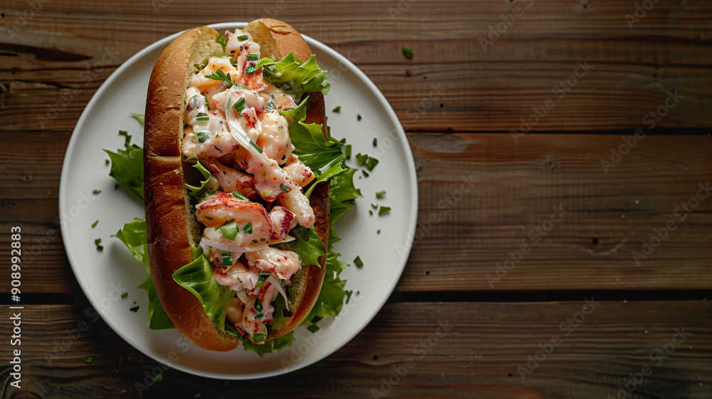 Delicious lobster roll with chives and sauce, presented on a white plate atop a charming wooden table Delicious lobster roll with chives and sauce, presented on a white plate atop a charming wooden table