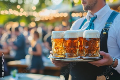 waiter carrying lots of beers at Oktoberfest biergarten with festive Oktoberfest vibe --ar 3:2 --v 6.1 Job ID: 656cd0fe-9f85-4ff7-bed7-4e02323840bf photo