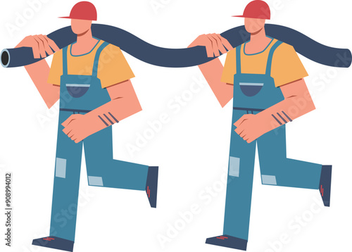 Builder character. Two men carrying a hose or pipe. Plumbers or builders in uniform and helmets work at construction site. Building home and renovation industry. Vector cartoon flat illustration
