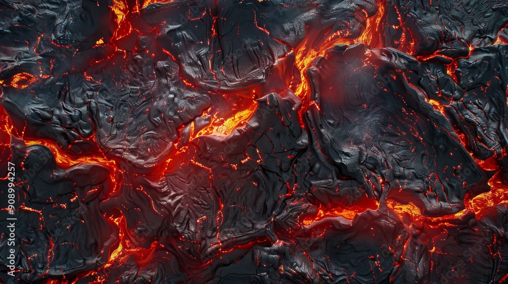A mesmerizing image showcasing glossy black lava with vivid red glowing veins, emphasizing the striking contrast and raw beauty of volcanic activity and molten rock formations. A mesmerizing image showcasing glossy black lava with vivid red glowing veins, emphasizing the striking contrast and raw beauty of volcanic activity and molten rock formations.