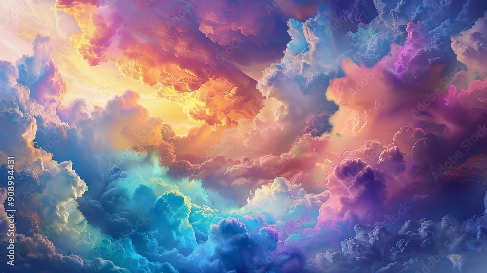 A captivating image of a vibrant and colorful sky filled with varied cloud formations in shades of pink, purple, blue, and yellow, representing the brilliance and diversity of nature. A captivating image of a vibrant and colorful sky filled with varied cloud formations in shades of pink, purple, blue, and yellow, representing the brilliance and diversity of nature.