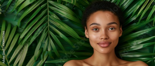 beautiful woman with lush green palm leaves - natural beauty and wellness concept - spa, beauty, and skincare