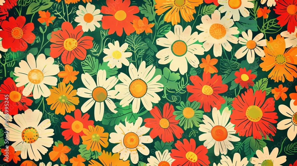 A seamless floral pattern displaying white daisies with yellow centers and green foliage on a dark background, offering a lively, energetic, and nature-inspired aesthetic. A seamless floral pattern displaying white daisies with yellow centers and green foliage on a dark background, offering a lively, energetic, and nature-inspired aesthetic.