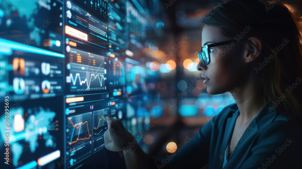 Professional woman examining data on multiple digital screens, representing technology, analysis, and modern business environments. Professional woman examining data on multiple digital screens, representing technology, analysis, and modern business environments.
