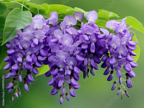 Purple wisteria flowers with a green background, semi close-up, more clarity with clear light and sharp focus, high detailed photo