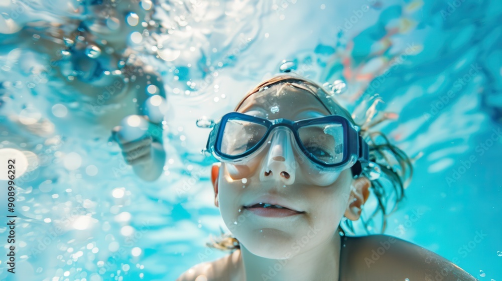 Naklejka premium Children diving and swimming underwater in a clear blue pool, with happy faces and enchanting bubbles creating a magical, adventurous scene.
