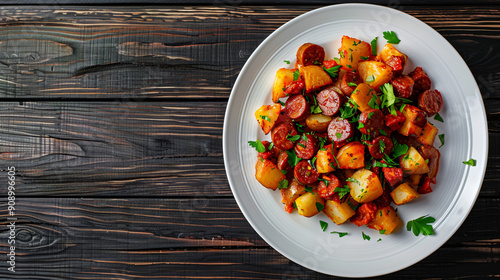 Spicy chorizo and roasted potato dinner served on white plate over dark wooden table, shot from above