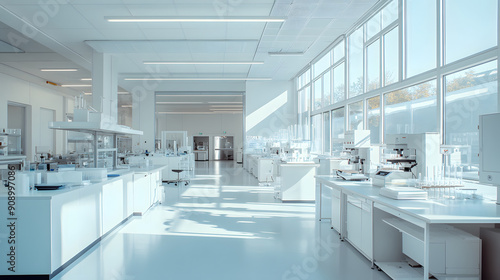 photo of a modern white laboratory interior with lab equipment and working tables