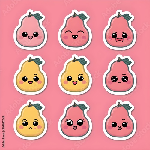 Playful Kawaii Die-Cut Stickers Featuring Papaya Fruits with Various Emotions on a Pink Background, Perfect for Colorful and Fun Decoration