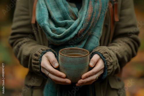 Person Enjoying a Warm Beverage in a Peaceful Winter Setting