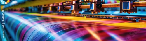high-speed printing process showcasing vibrant colors and advanced technology in action.