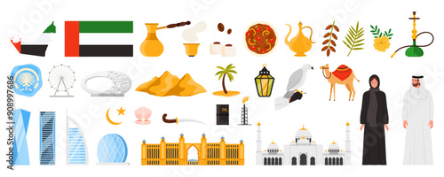 Travel to UAE, famous landmark and culture symbols, stickers set. Tower buildings and mosque of Dubai city, Muslim people and camel, map and flag of United Arab Emirates cartoon vector illustration