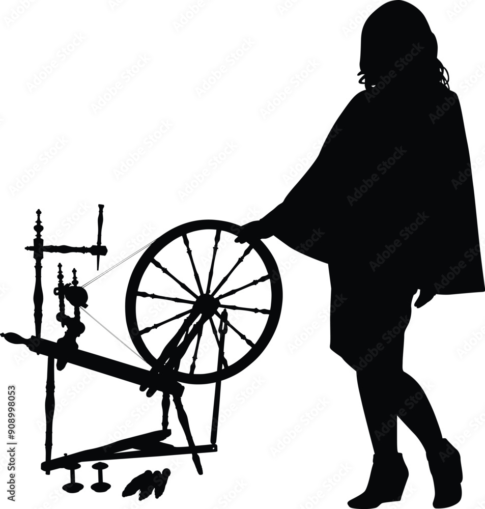 Fototapeta premium Wooden spinning wheel with girl Silhouette on vector illustration. Spinning wheel icon, logo, vector.