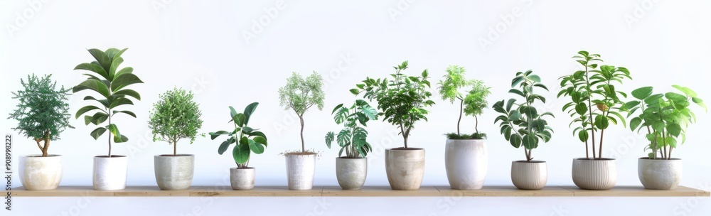 Collection of Potted Indoor Plants Displayed on a Wooden Shelf in Natural Light Collection of Potted Indoor Plants Displayed on a Wooden Shelf in Natural Light