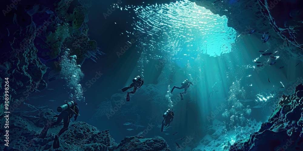 Fototapeta premium Scuba divers exploring underwater caves
