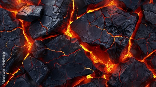 Image depicts cooled lava with a visible orange glow emanating from deep fissures, highlighting the raw, untamed beauty of volcanic activity and its awe-inspiring effects.