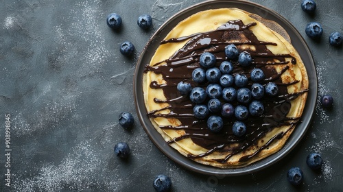 Detailed view of crepes topped with chocolate sauce and fresh blueberries on a grey surface, captured from above with space for your message