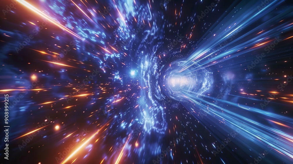 Depiction of a warp speed journey through space, showcasing vivid blue and orange streaks of light, symbolizing the speed and marvel of space exploration. Depiction of a warp speed journey through space, showcasing vivid blue and orange streaks of light, symbolizing the speed and marvel of space exploration.