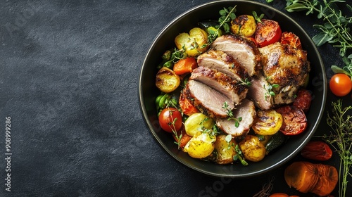 Flat lay of a bowl containing roast pork and vegetables on a dark grey kitchen table, offering a savory meal with plenty of space for copy or branding