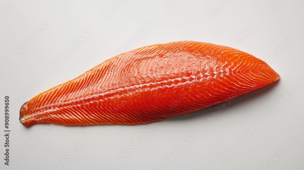 Flat lay of a fresh red salmon fillet slice on a white backdrop, showcasing its vibrant color and detail, ideal for culinary or health-related content Flat lay of a fresh red salmon fillet slice on a white backdrop, showcasing its vibrant color and detail, ideal for culinary or health-related content