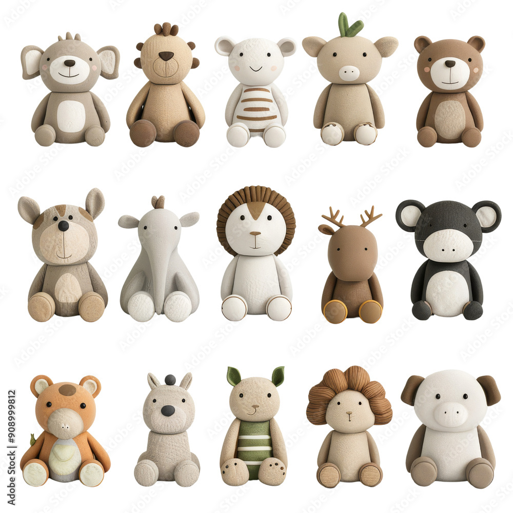 Obraz premium A collection of stuffed animals, including bears, deer, and giraffes