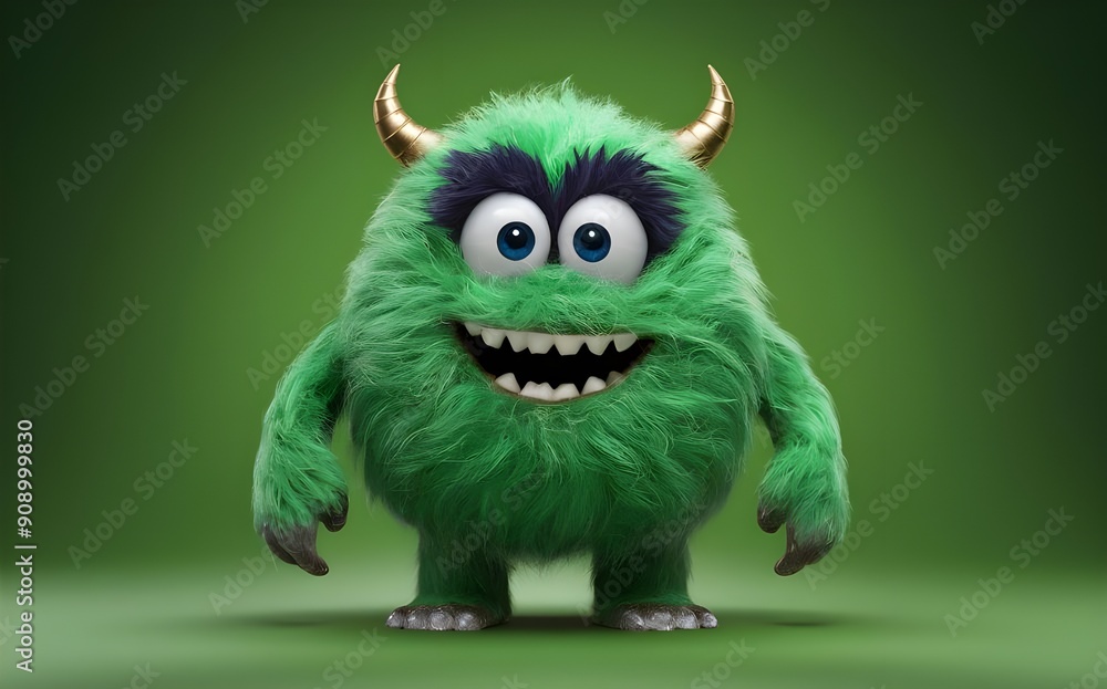 3D cartoon green furry monster character on a green background, highlighting playful and imaginative elements in a whimsical design 3D cartoon green furry monster character on a green background, highlighting playful and imaginative elements in a whimsical design
