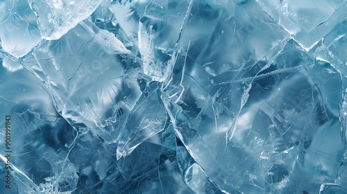 This image presents a close-up view of clear and detailed broken ice with sharp edges, capturing the transparency and intricate patterns of frozen water in a natural setting.