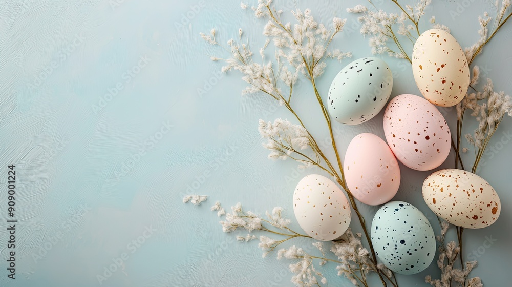 Flat lay of delicate pastel Easter eggs with a neutral backdrop, providing a festive holiday setting and generous space for adding text Flat lay of delicate pastel Easter eggs with a neutral backdrop, providing a festive holiday setting and generous space for adding text