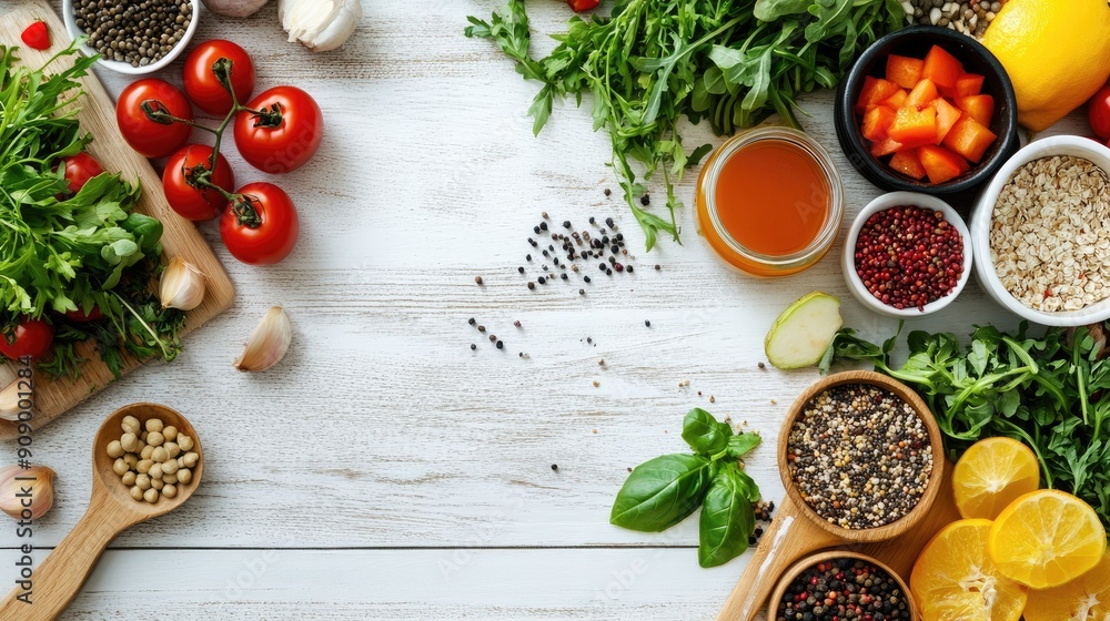 Flat lay of diverse healthy ingredients on a white wooden table, featuring fresh veggies, fruits, and whole foods for a balanced diet Flat lay of diverse healthy ingredients on a white wooden table, featuring fresh veggies, fruits, and whole foods for a balanced diet