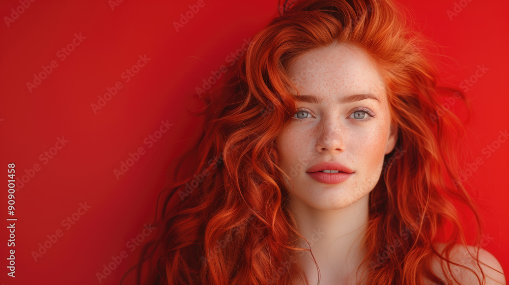 Fototapeta premium Redhaired woman with wavy hair against a vibrant red background looking directly into the camera.