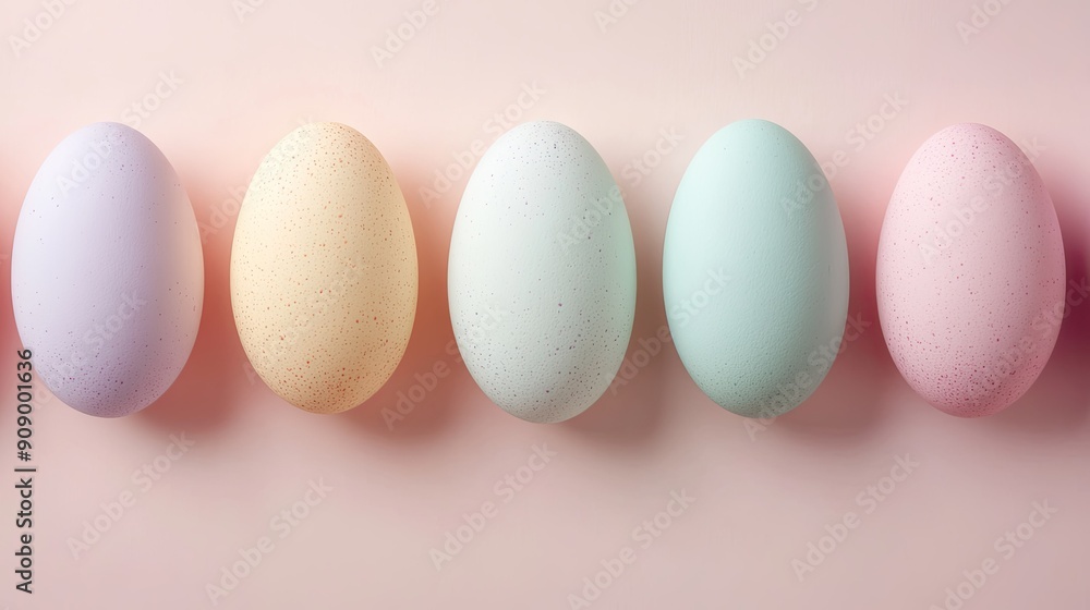 Flat lay of pastel Easter eggs in various soft colors, set against a clean background with plenty of space for your holiday text or design Flat lay of pastel Easter eggs in various soft colors, set against a clean background with plenty of space for your holiday text or design