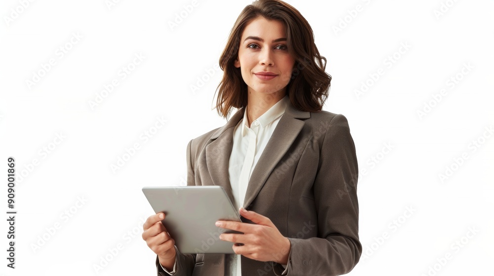 A professional woman in a blazer holds a tablet, looking confidently at the camera against a plain white background. A professional woman in a blazer holds a tablet, looking confidently at the camera against a plain white background.