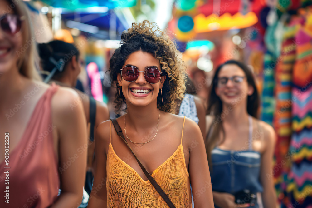 Young woman is smiling brightly while walking through a crowded marketplace with a group of friends Young woman is smiling brightly while walking through a crowded marketplace with a group of friends