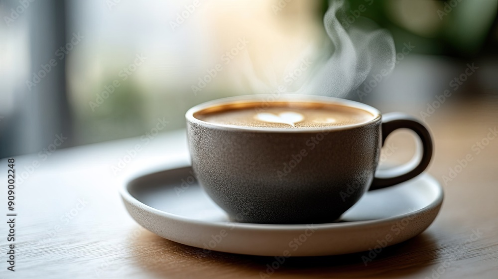 Hot coffee drink close-up on a small plate, with steam rising, emphasizing the inviting warmth and fit for a comforting drink concept Hot coffee drink close-up on a small plate, with steam rising, emphasizing the inviting warmth and fit for a comforting drink concept