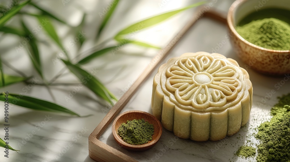 A modern mooncake with a matcha green tea filling, featuring a light green color. Arrange the mooncake with bamboo leaves and a small bowl of matcha powder to enhance the theme. Use natural daylight A modern mooncake with a matcha green tea filling, featuring a light green color. Arrange the mooncake with bamboo leaves and a small bowl of matcha powder to enhance the theme. Use natural daylight