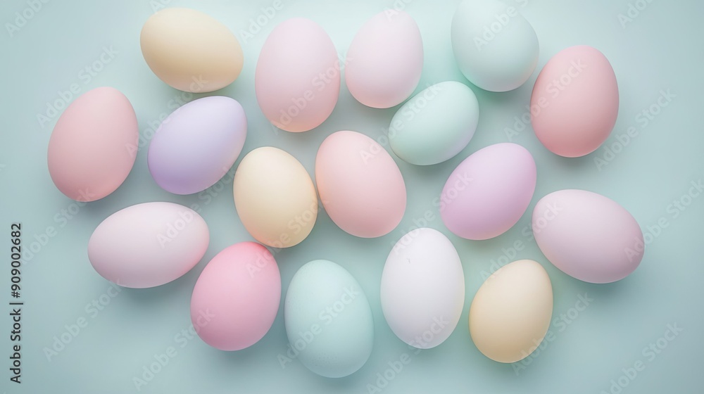 Overhead shot of a collection of pastel Easter eggs on a neutral background, offering a festive holiday concept with room for copy or messages Overhead shot of a collection of pastel Easter eggs on a neutral background, offering a festive holiday concept with room for copy or messages