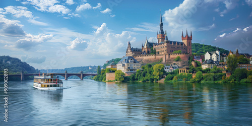 A picturesque riverboat cruise passing a historic castle and bridge, surrounded by lush greenery and charming village architecture.