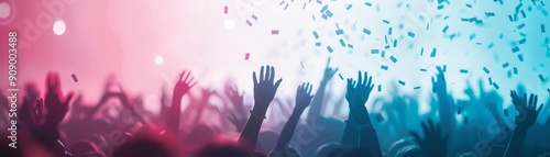 Promoter showcasing concert tickets, surreal double exposure of audience silhouettes and vibrant, abstract visual elements