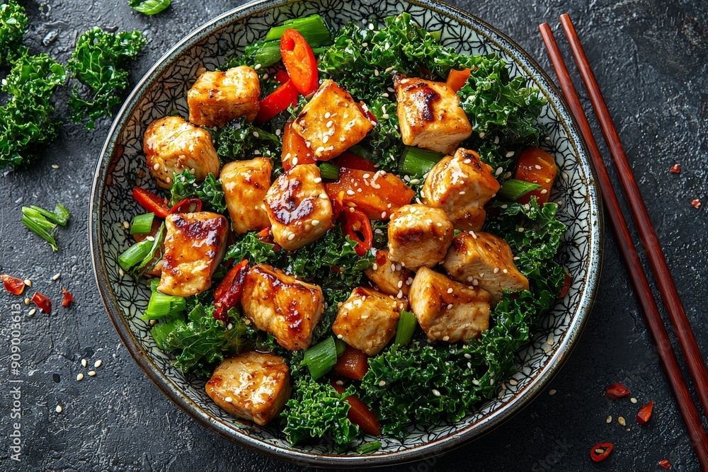 An overhead shot of kale and chicken stir-fry, showcasing the vibrant colors and variety of ingredients. The dish is presented on a patterned plate with chopsticks resting beside it. The lighting is An overhead shot of kale and chicken stir-fry, showcasing the vibrant colors and variety of ingredients. The dish is presented on a patterned plate with chopsticks resting beside it. The lighting is