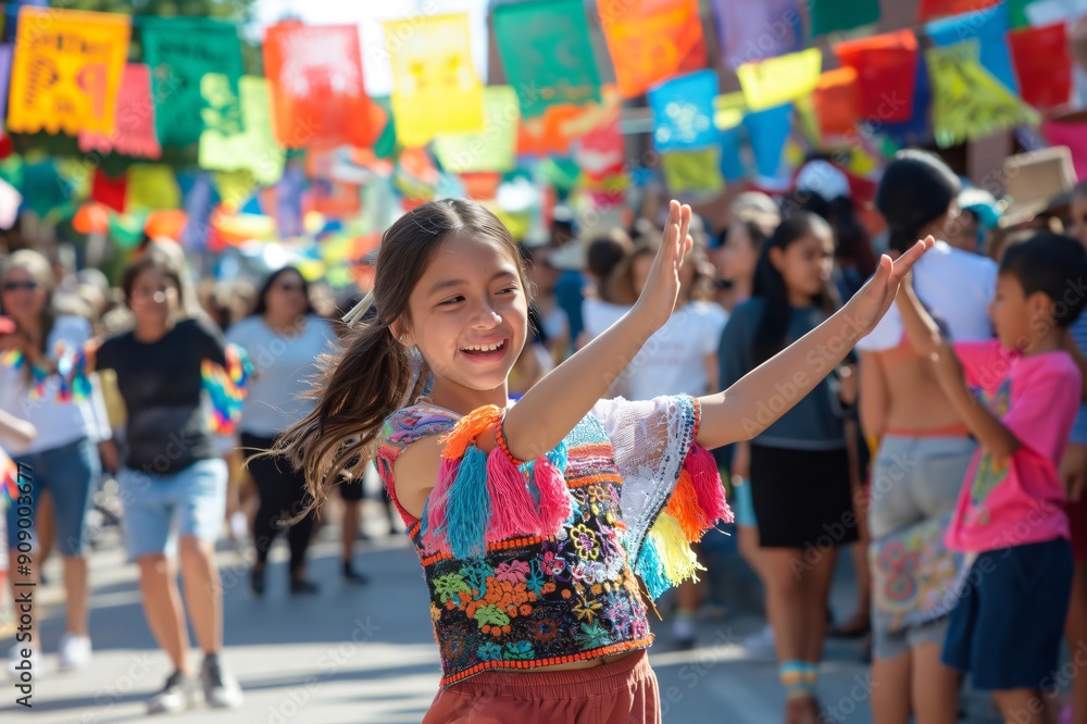 Young girl is smiling and dancing with her arms outstretched at a lively street festival Young girl is smiling and dancing with her arms outstretched at a lively street festival