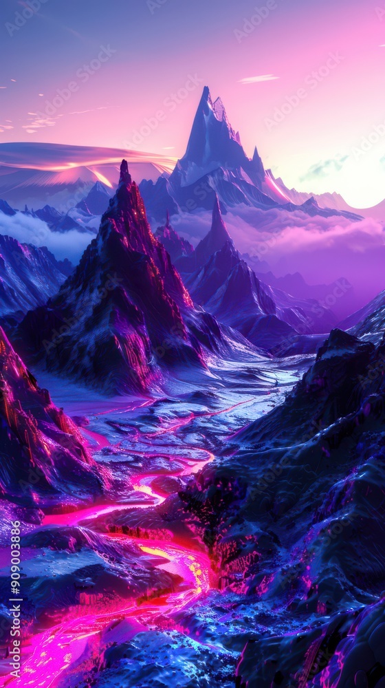 Obraz premium Futuristic landscape with holographic mountains at dusk, featuring glowing peaks and a digital sky, ideal for phone wallpaper enthusiasts of modern technology.